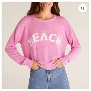 Z Supply Pink Crew Neck Sweater with Beach Print
